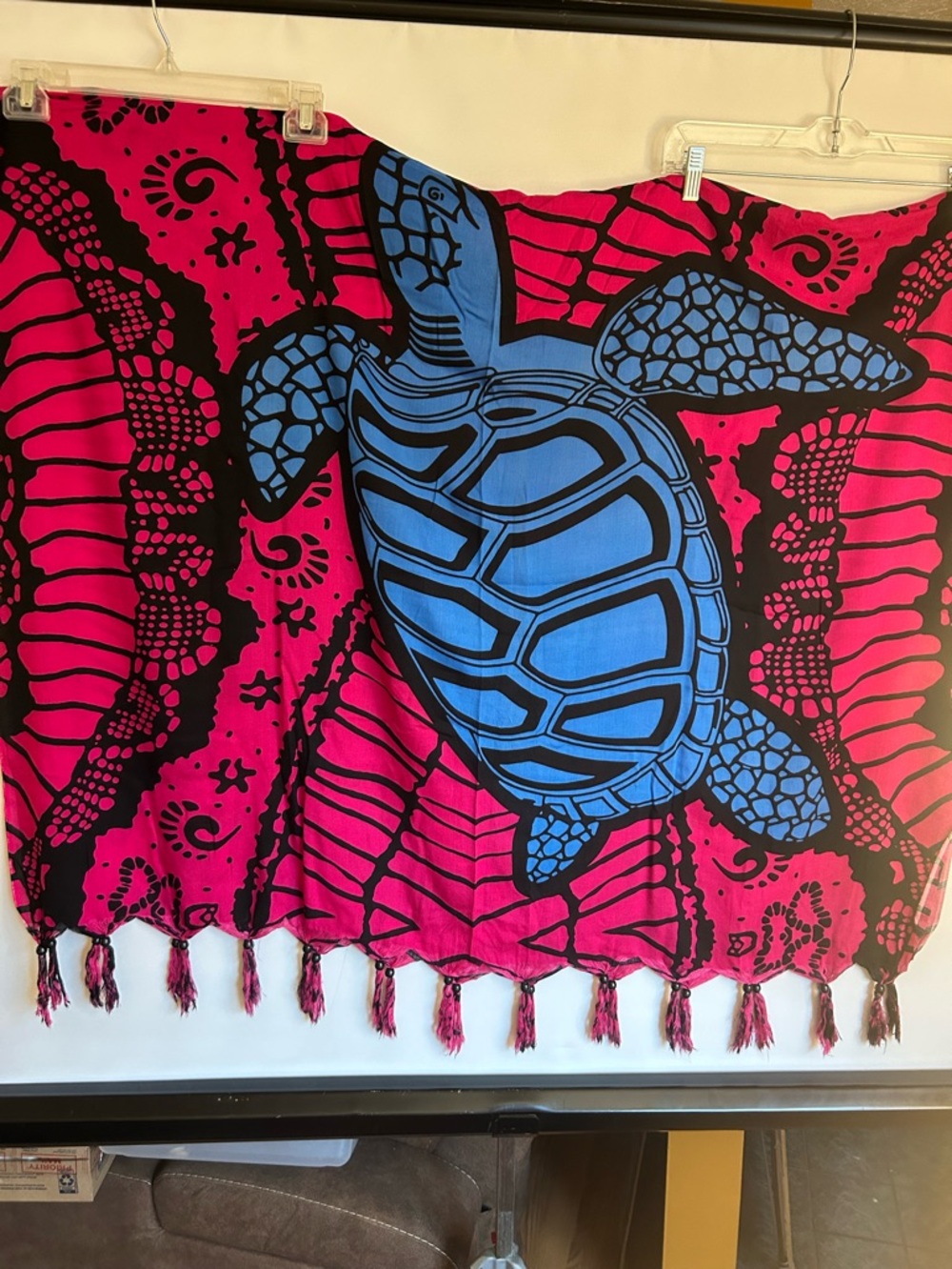 DECORATIVE SARONG OR BEACH COVER-UP BLUE TURTLE MOTIF ON PINK & BLACK BACKGROUND